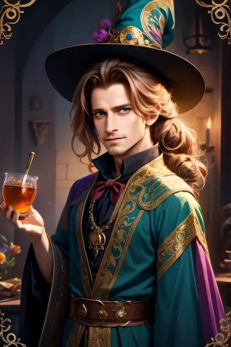 Masterpiece, best quality, wizard tea party, chibi, handsome male witch, beautiful witch, highly detailed realistic eyes, happy, vibrant, colorful,