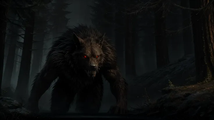 a werewolf with glowing red eyes,sharp teeth,partially lit by dramatic shadows,in a dense and dark shadow forest with mist to create an atmosphere of mystery and danger,(best quality,4k,8k,highres,masterpiece:1.2),ultra-detailed,(realistic,photorealistic,p...