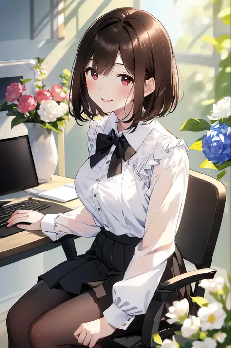 best quality, masterpiece, (solo), (1 Female)、Age 25、Larger breasts、(Slender figure)、From the side、(Sitting in a chair)、(office lady)、Poses that emphasize the chest、sheer white blouse、Bowtie、(Black tight skirt)、tights、Thighs、(White highlight in pupil:1.2)、...