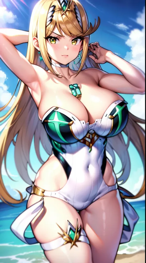 (masterpiece), best quality, (HD), (8k), (((1milf:1.0))), extremely detailed, HDR, perfect face, mythraswim, tiara, earrings, choker, chest jewel, one-piece swimsuit, cleavage, strapless, thigh strap