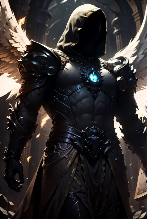 (body postrait:1.4), male, (((mysterious))), glowing eyes, hooded angel, (((holding a book))), battle archangel, angel white rob...