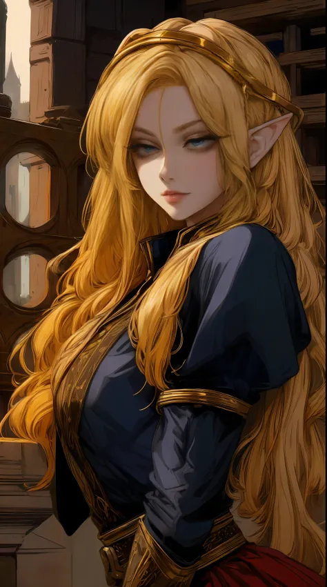 masterpiece elf girl golden hair, medieval oufit dynamic pose ,dynamic expression , beautiful eyes,detailed eyes, snake eyes