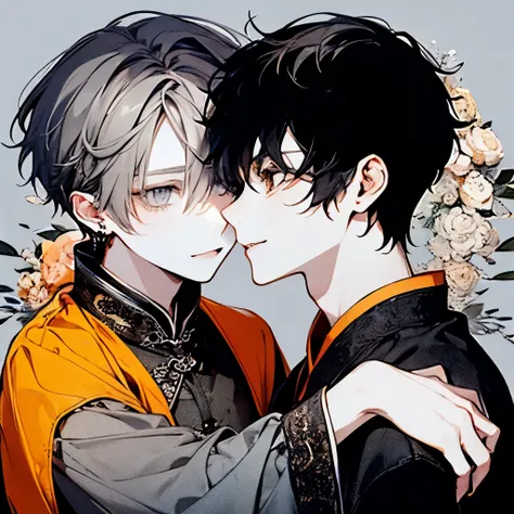 (Adult male, around 25 years old:1.45)、(Two men hugging each other:1.5)、(masterpiece、highest quality、highest quality、Beautiful and beautiful:1.2)、(Good anatomy:1.5)、(Short wavy hair:1.5)、(black hair:1.4)、(Rich nature background:1.2)、(Hanfu costume:1.35)、La...