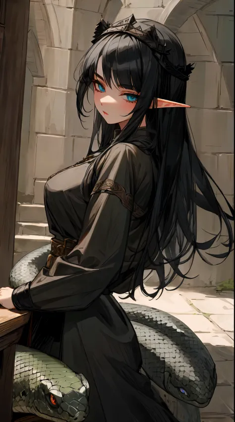 masterpiece, elf girl, black hair, medieval oufit dynamic pose ,dynamic expression , beautiful eyes,detailed eyes, snake eyes
