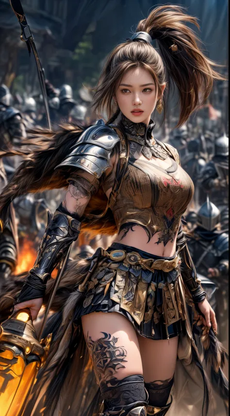 very beautiful woman、very tall woman、((muscle))、(detailed face)、realistic skin、((knights of the earth)), (((light brown and blac...