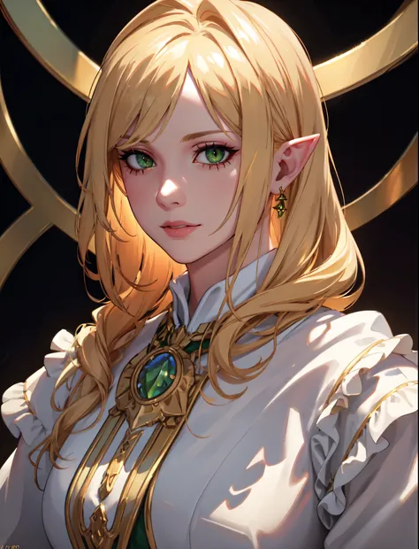 A mature female, green eyes,elf ears, naughty smile, closed mouth, close-up portrait, golden hair, (best quality,4k,8k,highres,masterpiece:1.2),ultra-detailed,(realistic,photorealistic,photo-realistic:1.37),HDR,UHD,studio lighting,ultra-fine painting,sharp...