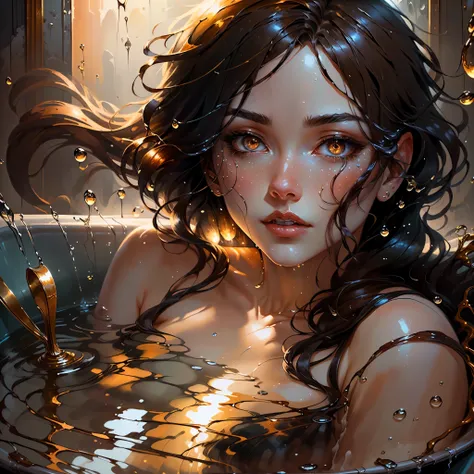 a close up of a woman in a bathtub with water droplets, golden water droplets, oil painting, large rough brush strokes, rough textures, beautiful detailed painting 4k, beautiful art uhd 4k, glossy digital painting, gorgeous digital painting, stunning digit...