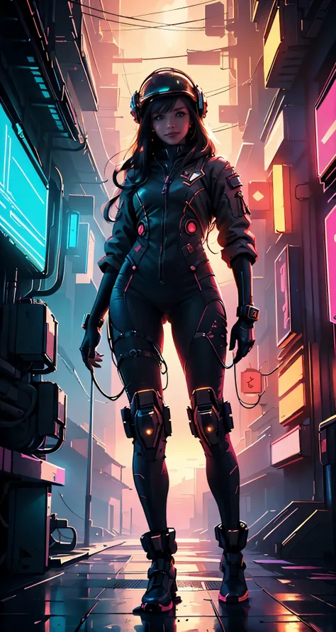 looking at camera, cyberpunk neon cinematic 8k poster, shocking, neon lights - dark and shadowy background - night mood, Astronaut style white and gold trim neon light zipper and clear helmet, dark short wavy hair, with a group of soldiers behind her, beau...