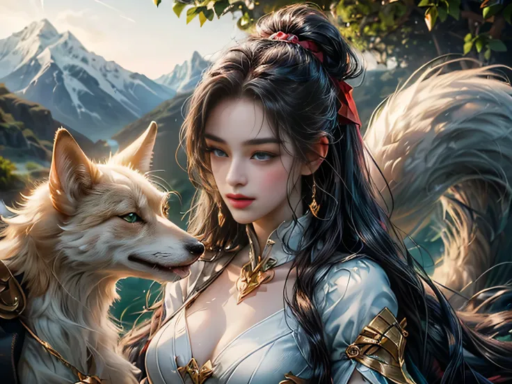 (Best quality, 8K, masterpiece, HDR, soft lighting, perfect image, realistic, Bright), a guy and a fox girl play Go against the backdrop of a mountain waterfall, landscape with a mountain waterfall in the background, sitting foxes guy and girl behind a gob...