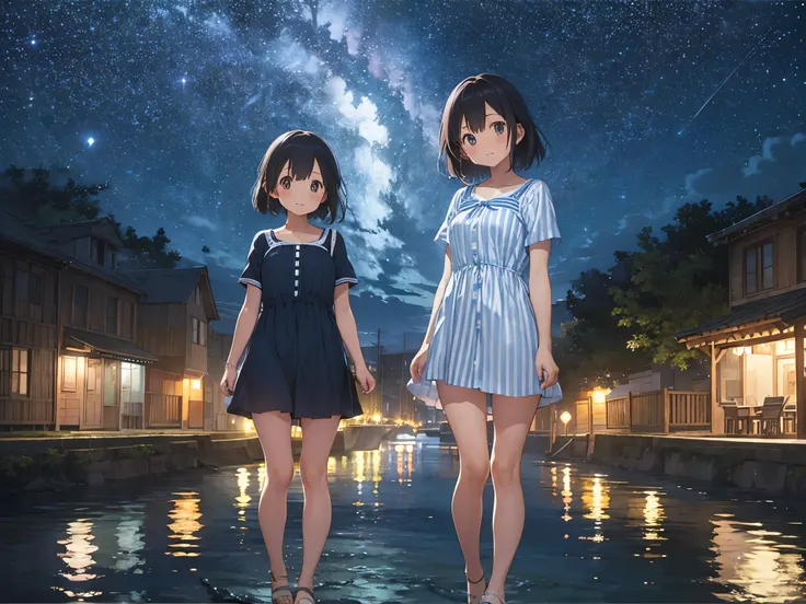 big dipper、night view of the port town and starry sky、blue and white striped shirt dress、sandals for bare feet、sisters