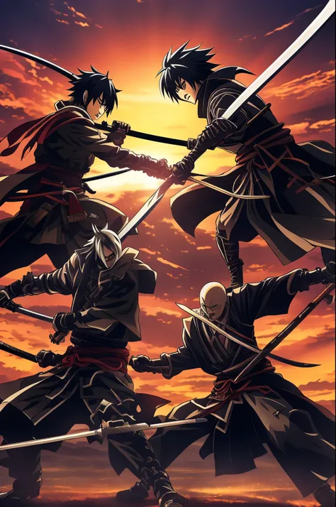 Two people fighting each other, one looking like a Samurai using a Katana and the other one using a Scythe, (anime), (high quality)