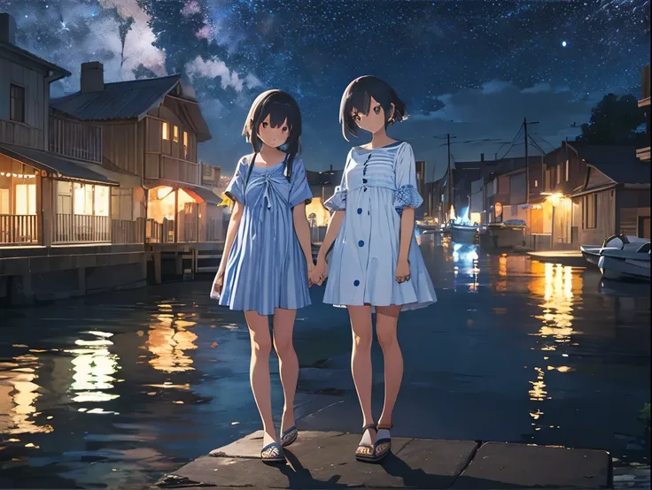 big dipper、night view of the port town and starry sky、blue and white striped shirt dress、sandals for bare feet、sisters