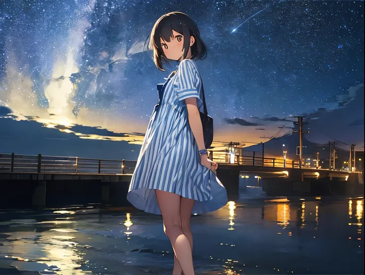 big dipper、night view of the port town and starry sky、blue and white striped shirt dress、sandals for bare feet、sisters