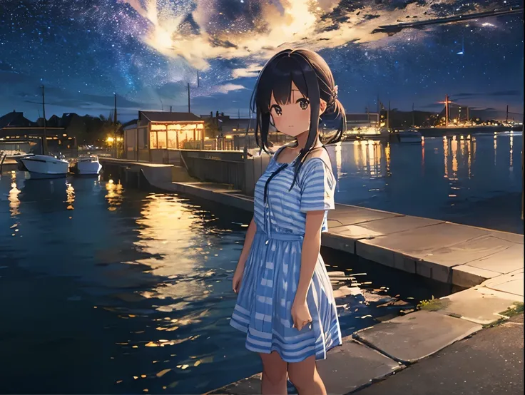 big dipper、night view of the port town and starry sky、blue and white vertical striped shirt dress、sandals for bare feet、sisters、...