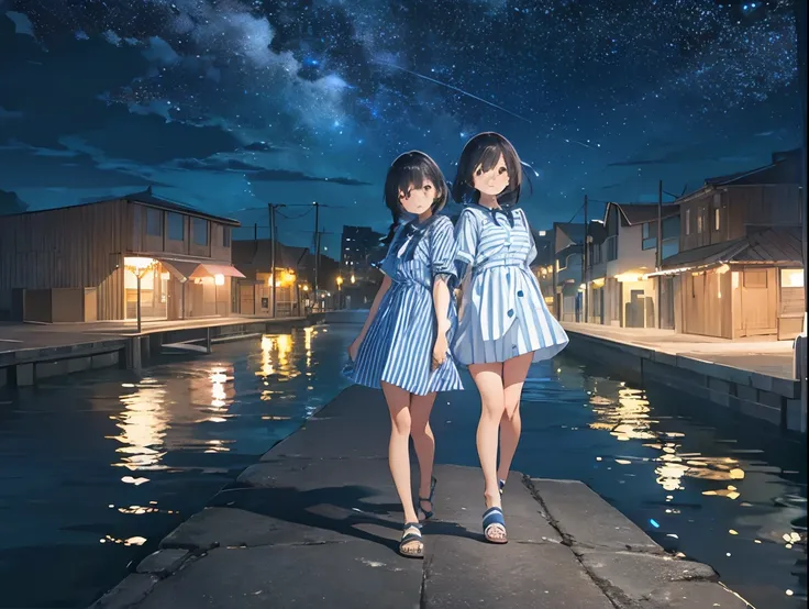 big dipper、night view of the port town and starry sky、blue and white vertical striped shirt dress、sandals for bare feet、sisters、...