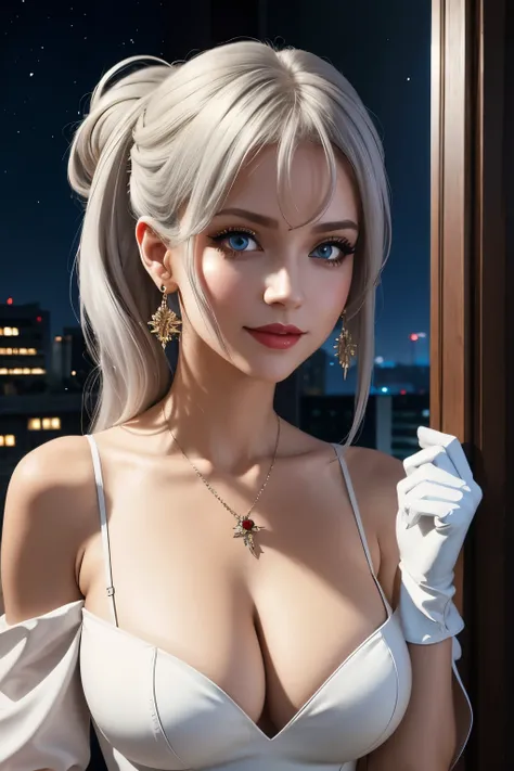 (Realistic painting style:0.9), masterpiece, best quality,  absurdres, looking at viewer, solo, bronya zaychik (silverwing n-ex), bronya zaychik, red pupils, 1girl, solo, breasts, long hair, dress, grey hair, cleavage, looking at viewer, smile, closed mout...