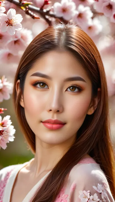 1girl in a tranquil japanese garden during cherry blossom season,beautiful detailed eyes,beautiful detailed lips,extremely detailed face and skin, smiling, ((cherry blossoms floating in the air:1.5)),natural beauty,serenity,photorealistic,masterpiece,vibra...