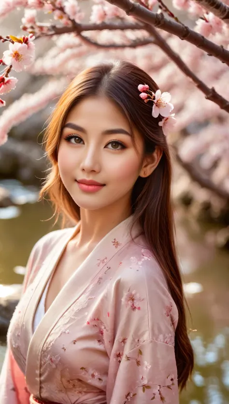 1girl in a tranquil japanese garden during cherry blossom season,beautiful detailed eyes,beautiful detailed lips,extremely detailed face and skin, smiling, ((cherry blossoms floating in the air:1.5)),natural beauty,serenity,photorealistic,masterpiece,vibra...