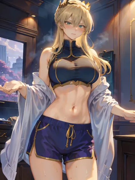 (4K, 8k, 32k, Ultra HD、so beautiful、masterpiece,highest quality,1 female),Purple crop top, dolphin shorts,Blonde Hair, Green Eyes,Crown,((blush, steam, sweat)), Mature woman, tall girl, slender body, A girl came to buy condoms, A white cash register in fro...