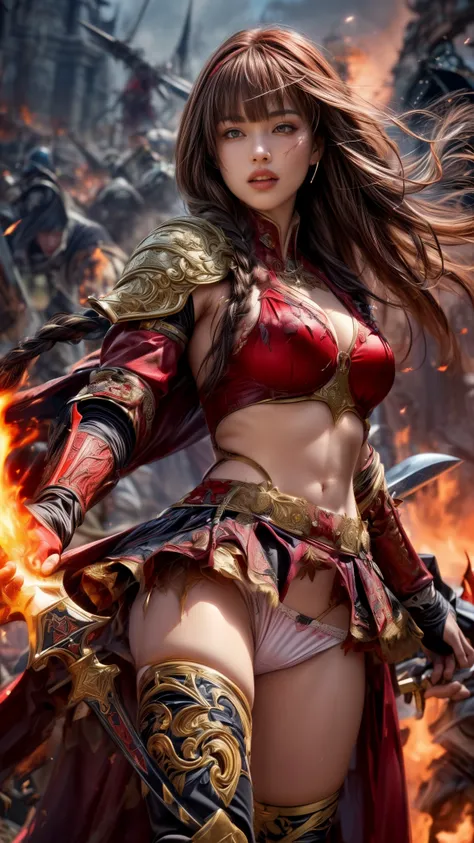 Very beautiful woman、Slender women、(Detailed face)、Realistic Skin、((Knight of Fire)), (((Red Armor:1.25)))、((((Black armor with very fine and intricate decoration))))、((Delicate photo))，(Girl Astepeace RAW Photo Details:1.25), (highest quality:1.6), (超A hi...