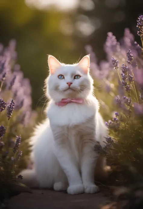 In a sunny garden, A white fur cat appears among small lavender bushes, wagging its tail.. Open your eyes sparkling in the sunlight, The pink ribbon headband swaying in the spring breeze adds cuteness..