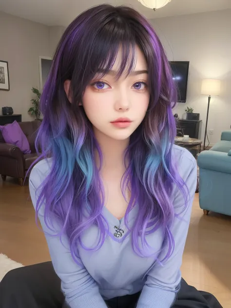 masterpiece, adult, indoors, living room, woman with purple to blue ombre hair, long hair, looking at viewer, messy hair, bedhea...