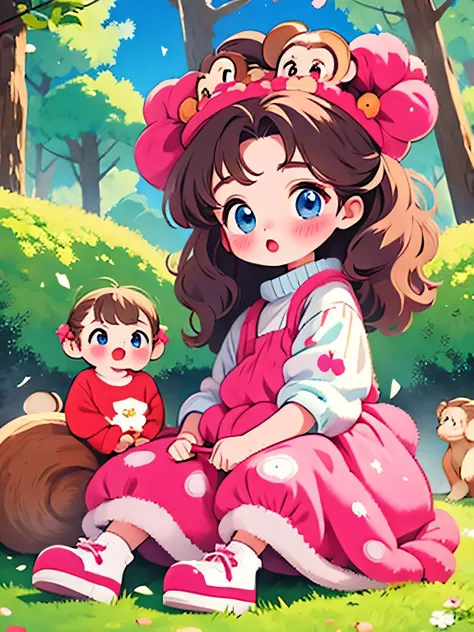 Momoko Sakura style, Kawaii Design, The most beautiful girl of all time、Chibi, monkey, playing、monkey Forest