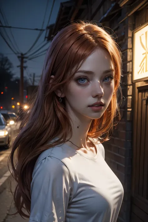 light redhead hair, vibrant blue eyes, white pale skin, portrait, rocker clothes, band clothes, thin nose, thin chin, dark night scene, High detail RAW colored art, (detailed skin, skin texture), (muscle), intricate details, fine details, hyperdetailed, ra...