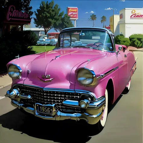 painting of a pink classic car parked in front of a gas station, retro 5 0 s style, 1 9 5 0 s concept art, 5 0 s style, 50s style, 5 0 s aesthetic, 1 9 5 8, 1958, 1956, 1 9 5 6, album art cover, 1950s illustration style