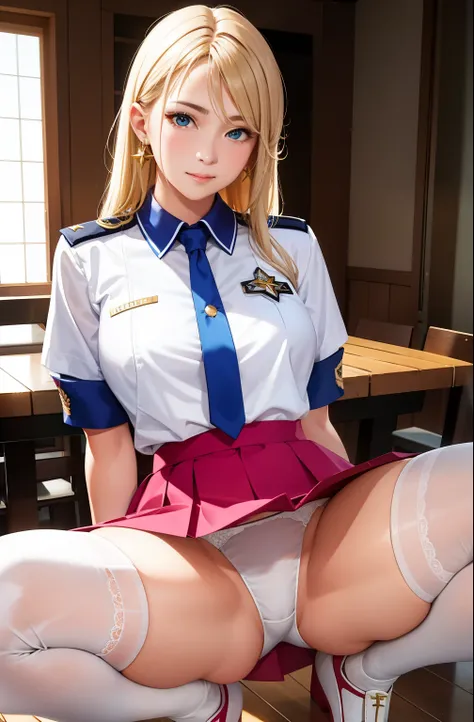 One Girl, Sayla Mass, elegant, Tabletop, Complex, パンツが見えそうなほど短い超ミニskirtの軍用Pink Uniformドレス...............、Pure white panties、Please squat down and show me your white pants...............、超ミニskirt ミニskirtでパンツが見えちゃう、White panties、Realistic, highest quality, A...