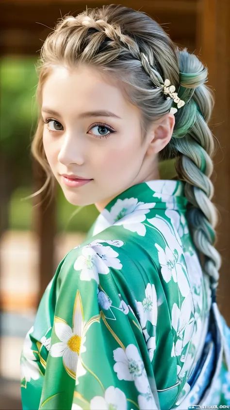 she is a kimono model、gorgeous floral patterned kimono、silver hair braids、blue eyes、green kimono、off the shoulder