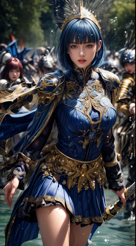 very beautiful woman、slender women、(detailed face)、realistic skin、((holy knight)), ((navy blue armor))、((((black armor with very...