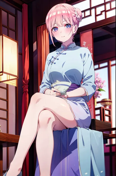 ichikanakano, ichika nakano, short hair, bangs, blue eyes, Hair between the eyes, Pink Hair, One side up, happy smile, smile, Open your mouth,blush,Open your mouth,White Chinese Dress,Hair Bun, double  Hair Bun,Black pantyhose,Stiletto heels,whole bodyがイラス...