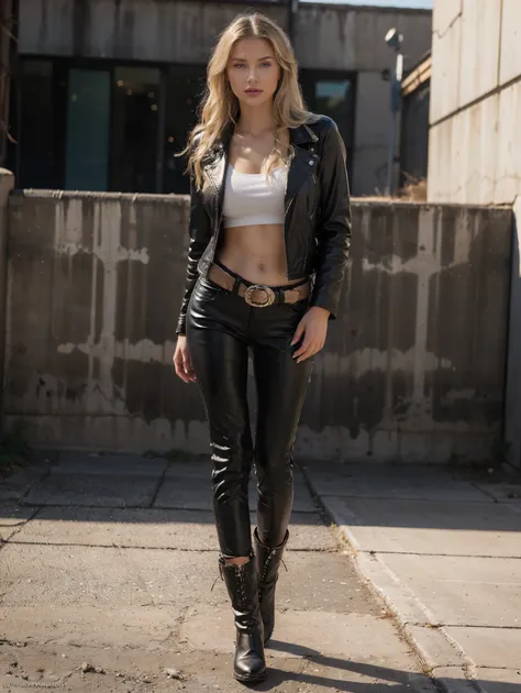 full body woman 25 years old blue eyes very, very long blonde wavy hair blown by the wind in a leather jacket black leather pant...