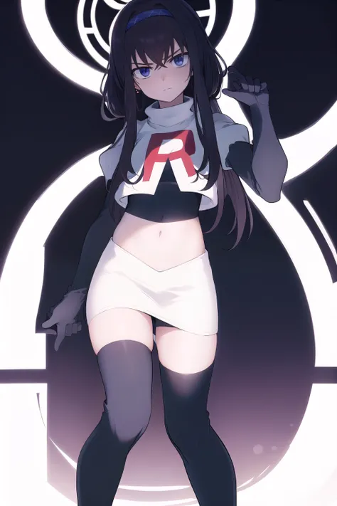 uidef, team rocket,team rocket uniform,white skirt,red letter R,crop top,black thigh-highs,black elbow gloves, looking at viewer, moody lighting, facing viewer,expressionless,sanpaku,
