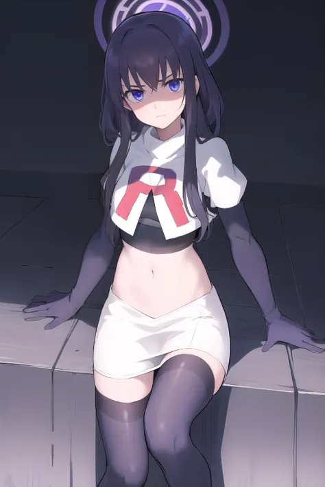 uidef, violet blue eyes,team rocket,team rocket uniform,white skirt,red letter R,crop top,black thigh-highs,black elbow gloves, looking at viewer, moody lighting, facing viewer,expressionless,sanpaku,