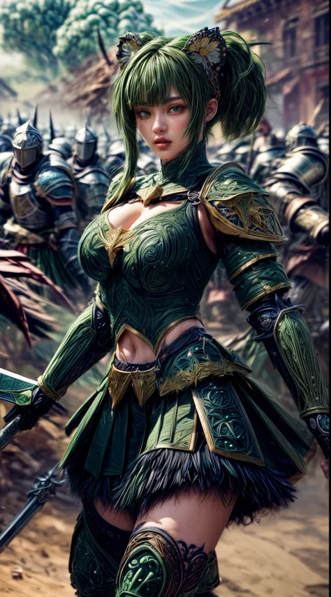 Very cute 、No makeup、Slender、(((low length)))、(Detailed face)、Realistic Skin、((Wind Knight)), ((Dark Green Armor))、((((Deep green armor with extremely intricate and detailed decoration.:1.5))))、((Delicate photo))，(Girl Astepeace RAW Photo Details:1.25), (h...