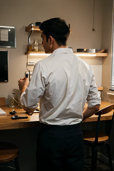 A person with his hands back in his laboratory surrounded by maps 