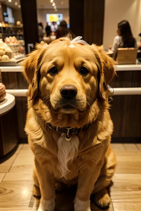 A golden retriever dog, com pelos de cor preta, num shopping, comendo salsicha, blinking with one eye 