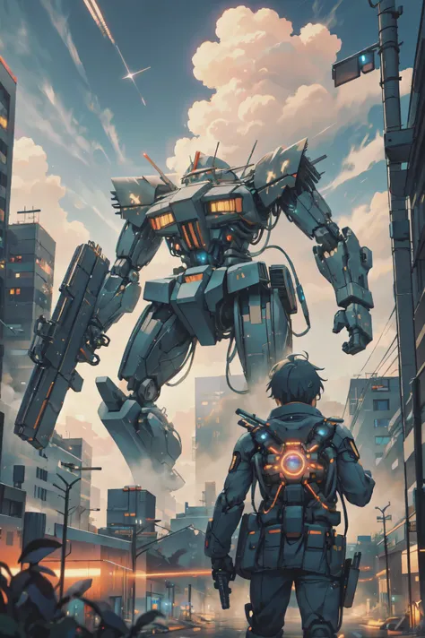 sky, cloud, holding_weapon, no_humans, glowing, , robot, buildings, glowing_eyes, mecha, science_fiction, city, realistic,mecha