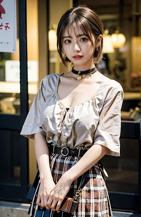 Night cityscape、Lift your skirt with both hands、Tie your hair up、Ginza at night、illumination、Fluttering Hair、Cleavage、choker。（（Neon city at night、Light brown hair:1.4））、Checked Skirt、No sleeve、Outdoor Shot、Cute clothes、Tie your hair up、Leather Belt、Her hug...