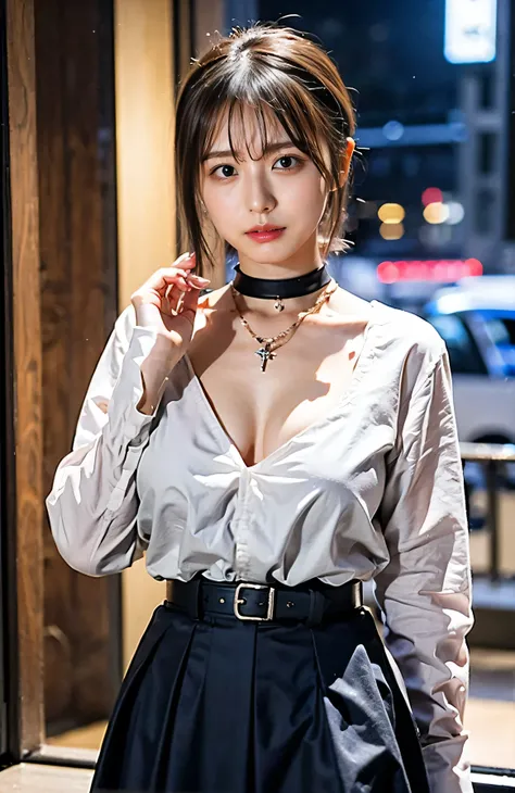 Night cityscape、Lift your skirt with both hands、Tie your hair up、Ginza at night、illumination、Fluttering Hair、Cleavage、choker。（（Neon city at night、Light brown hair:1.4））、Checked Skirt、No sleeve、Outdoor Shot、Cute clothes、Tie your hair up、Leather Belt、Her hug...