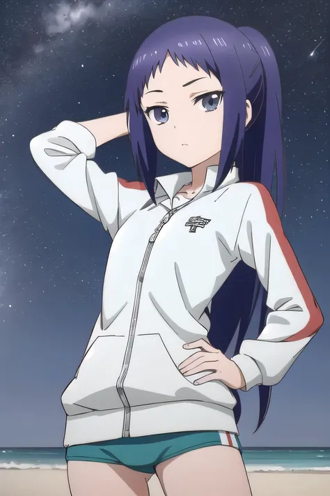 solo, 1girl, looking at viewer, 2D, anime, anime coloring, (cowboy shot:1.5), solo, night sky, beach, arm behind head, hand on hip, contrapposto, spread armpits, looking at viewer, best quality, closed mouth, expressionless, minami oosawa, track jacket,  c...