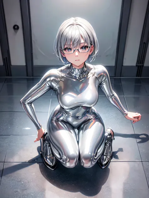 highest quality 8k uhd、mastepiece、close-up、short hair、m-shaped legs、squat、silver hair、glasses、shiny silver tights、a beautiful wo...