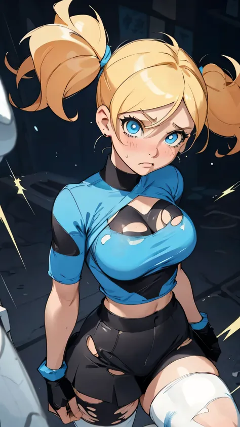 Bubbles from Powerpuff Girls as a Violent Mature Themed Action Anime, blonde pigtails:1.4, ecchi battle damage and wear, Damaged and Ripped clothes, large bouncy breasts:1.2, blue and black clothes, nsfw rips in clothes