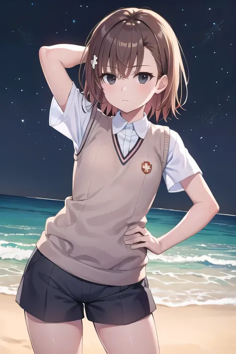 short hair, brown hair, black eyes, empty eyes, sweater vest, shirt, shorts, white shirt, pleated shorts, v-neck, short sleeves, tokiwadai , misaka imouto, solo, night sky, beach, arm behind head, hand on hip, contrapposto, spread armpits, closed mouth, (c...