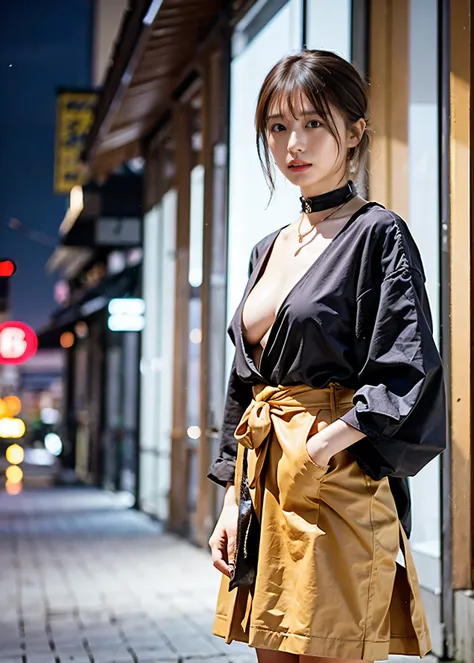 Night cityscape、Lift your skirt with both hands、Tie your hair up、Walking in Ginza at night、illumination、Fluttering Hair、Cleavage、Silver choker。（（Neon city at night、Light brown hair:1.4））、Checked Skirt、No sleeve、Outdoor Shot、Cute clothes、Tie your hair up、Le...