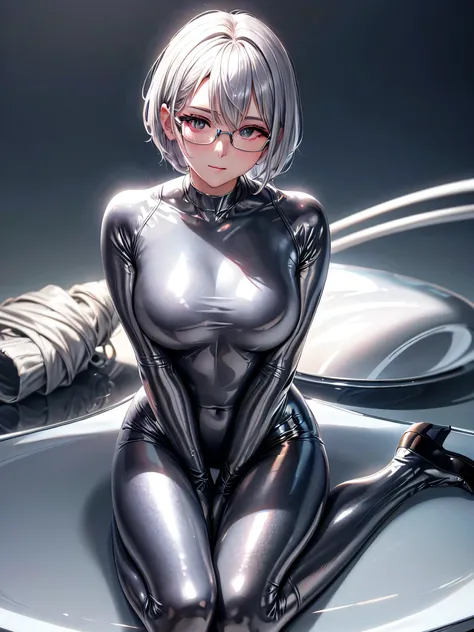 Highest quality 8K UHD、Mastepiece、Close-up、short hair、Sit and spread your legs in an M-shape、Silver Hair、Glasses、Shiny silver tights、A beautiful woman wearing a full-body silver metallic suit、Full body silver metallic rubber suit