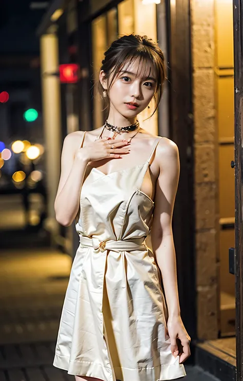 Night cityscape、Hairstyle that bounces outwards、Lift your skirt with both hands、Tie your hair up、Walking in Ginza at night、illumination、Fluttering Hair、Cleavage、Silver choker。（（Neon city at night、Light brown hair:1.4））、Checked Skirt、No sleeve、Outdoor Shot、...