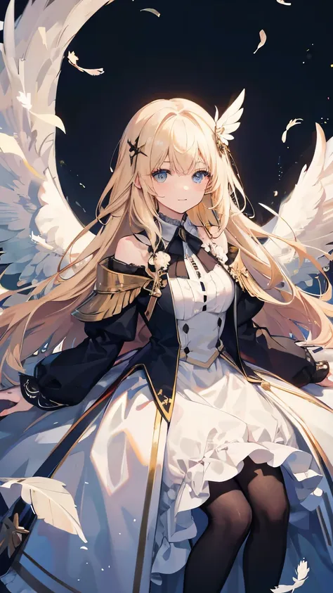 gorgeous adult woman, blonde hair, bangs, perfect eyes, soft light, high quality, 4k resolution, ((angel)), An angel with wings on his back, an angel descending from the sky, feathers scattered in the background, light shining from above, at Cathedral